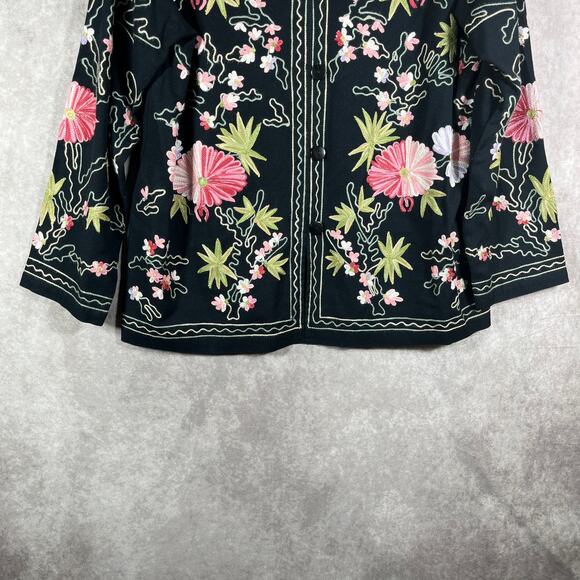 Bedford Fair Cardigan Sweater Womens Size PL Black Floral Embroidered Button Art - Picture 3 of 7